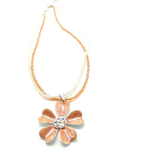 Kenneth Cole Flower Necklace Crystal & Enamel Swirl Pendant Beaded Chain - Picture 2 of 11